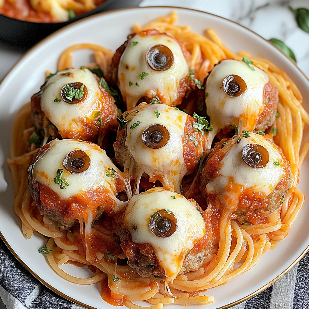 Eyeball Pasta (Meatballs with Mozzarella “Eyes”)