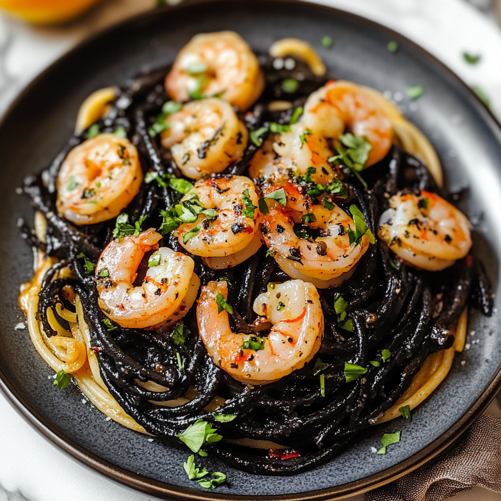 Vampire Pasta (Squid Ink Pasta with Garlic and Shrimp)
