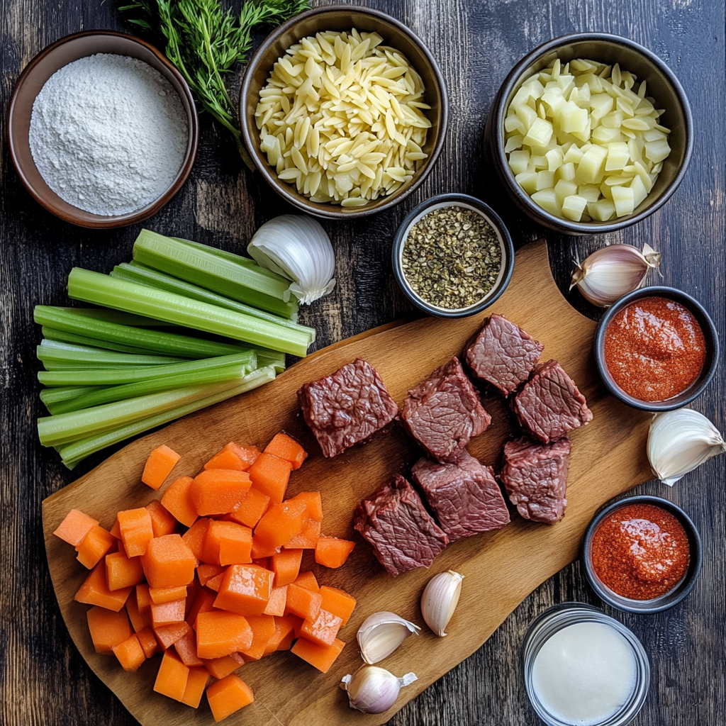 Beef Celery Orzo Stew ingredients