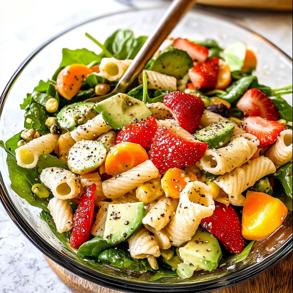Strawberry Avocado Pasta Salad with Poppy Seed Dressing
