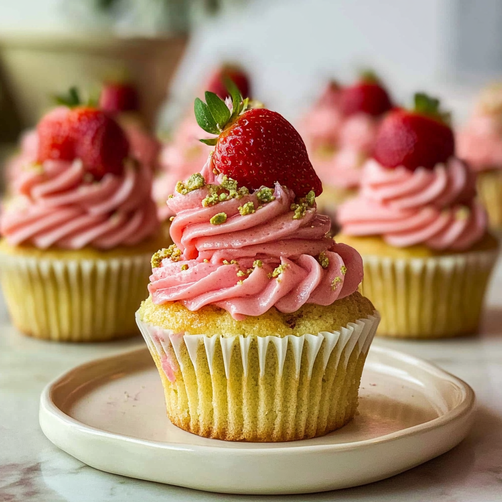 Christmas Pistachio Cupcakes with Strawberry Buttercream