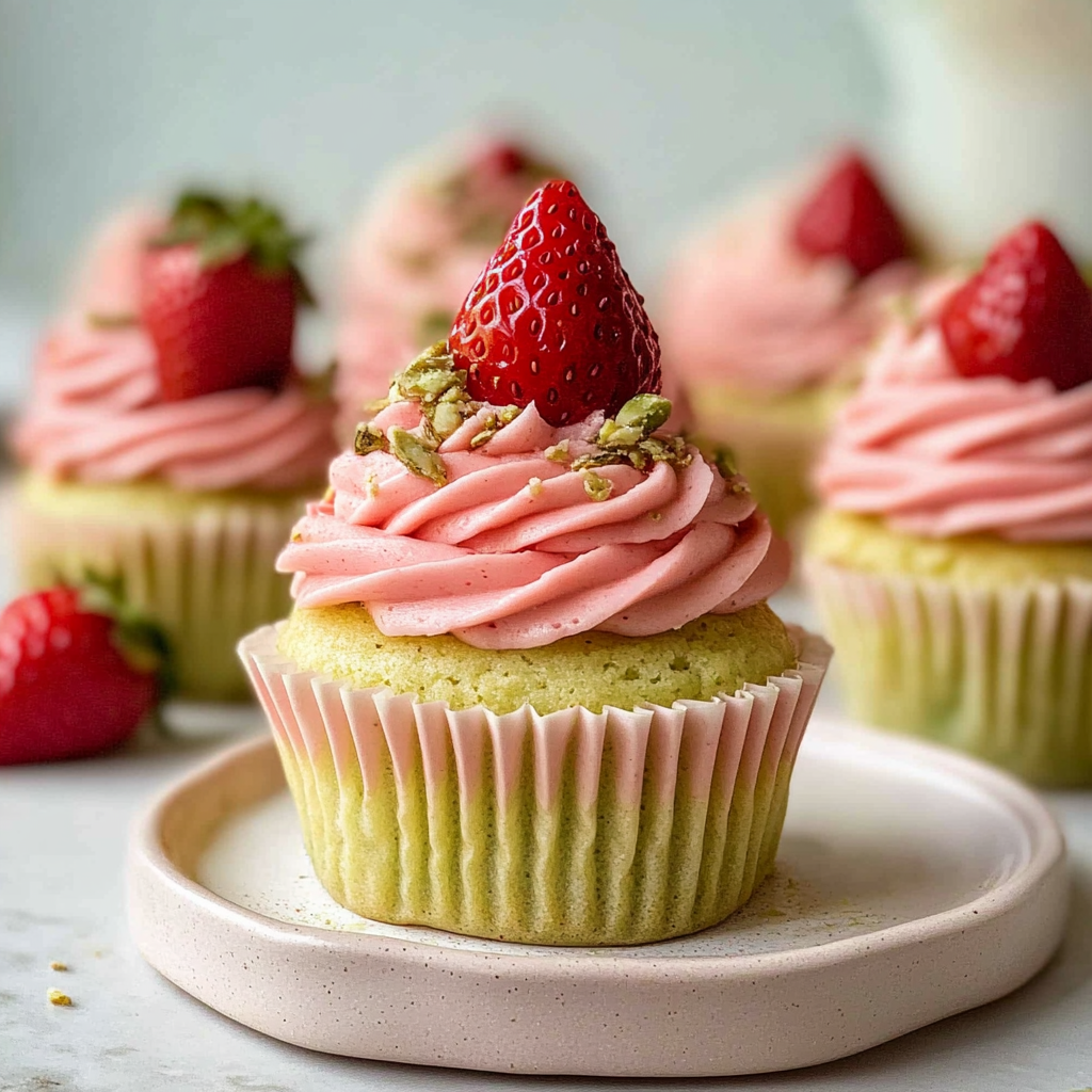 Christmas Pistachio Cupcakes with Strawberry Buttercream