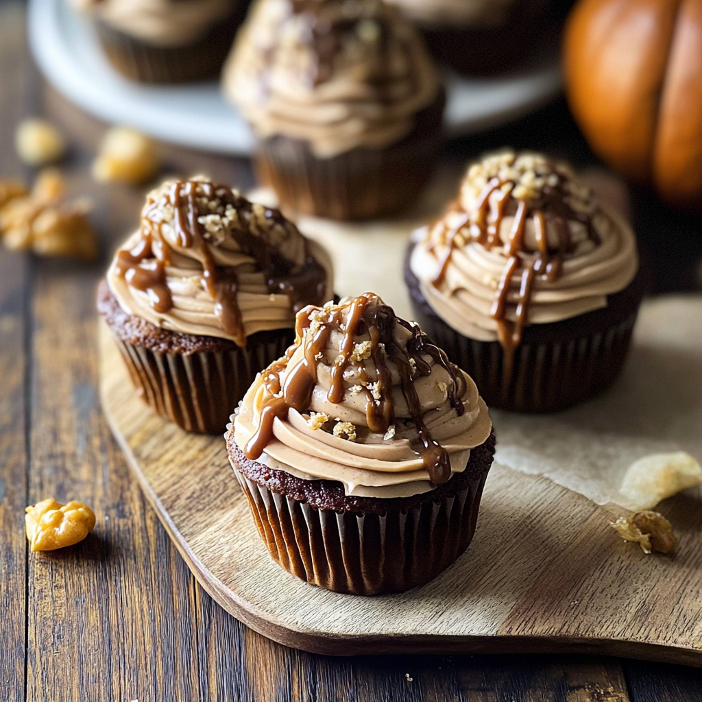 Christmas Pumpkin Espresso Cupcakes with Salted Caramel Drizzle
