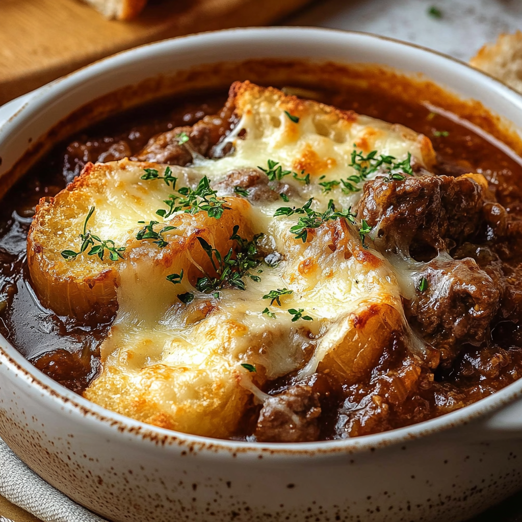 French Onion Beef Stew Cheesy