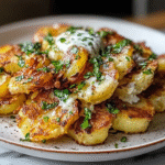 Crispy Smashed Potatoes with Sour Cream and Caramelized Onions