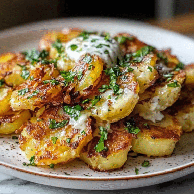 Crispy Smashed Potatoes with Sour Cream and Caramelized Onions