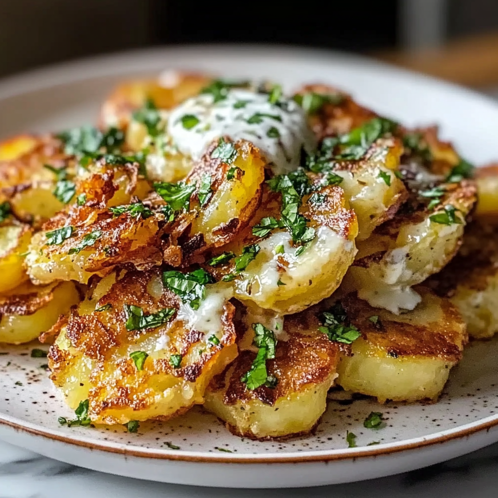 Crispy Smashed Potatoes with Sour Cream and Caramelized Onions