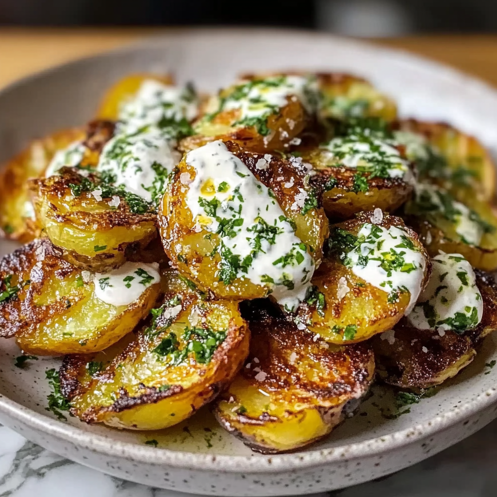 Crispy Smashed Potatoes with Sour Cream and Caramelized Onions