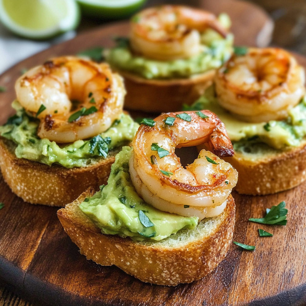 Garlic Shrimp Avocado Crostini