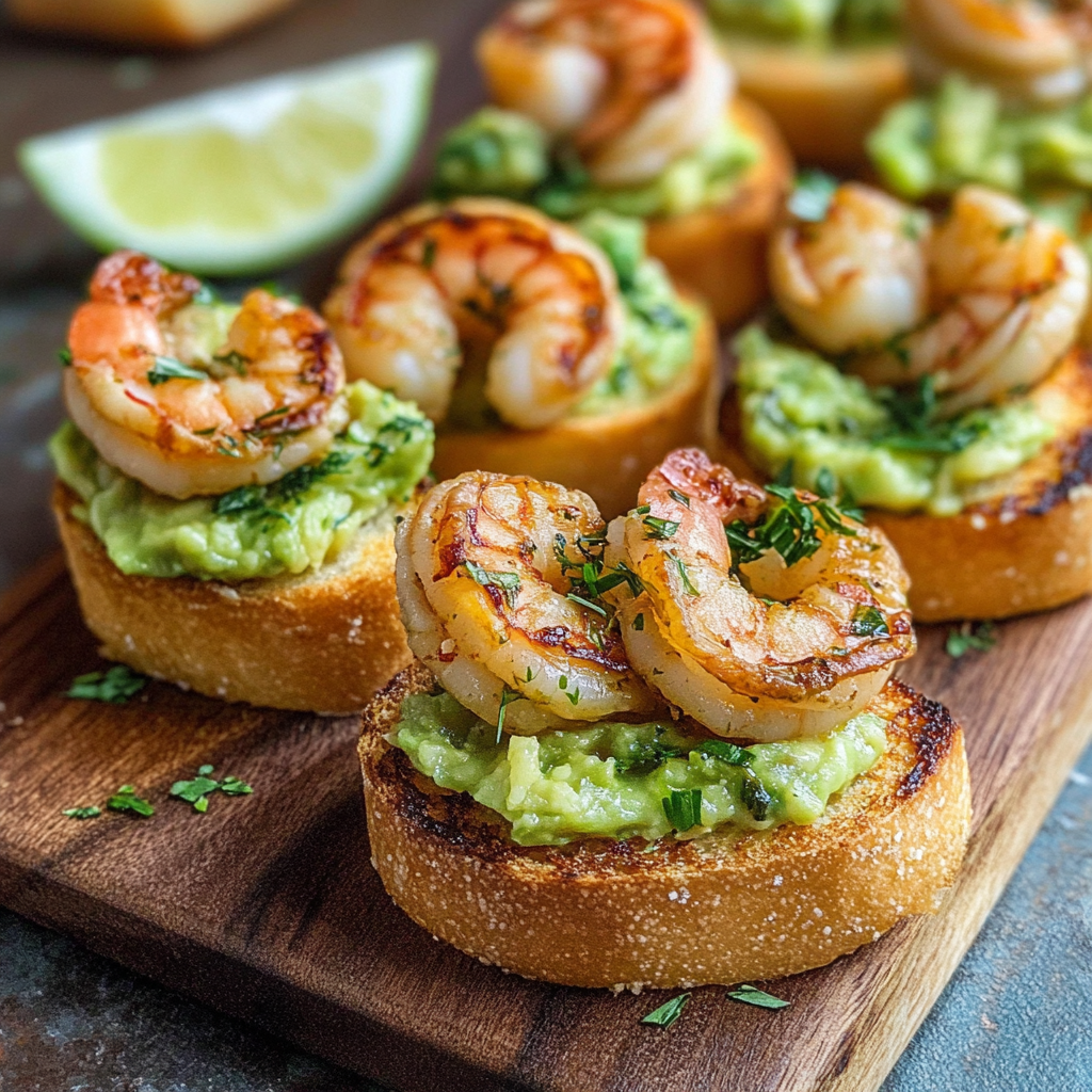 Garlic Shrimp Avocado Crostini