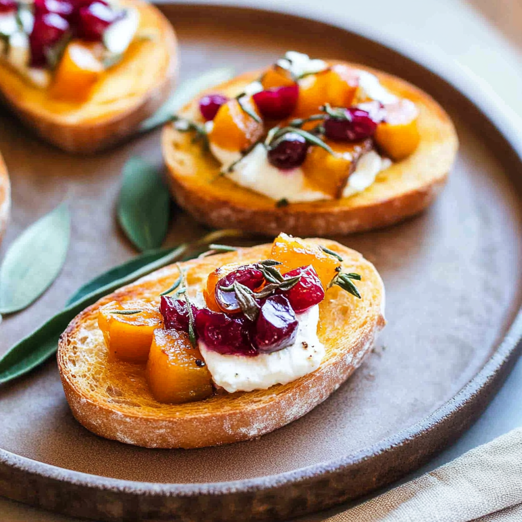 Butternut Squash Crostini with Whipped Goat Cheese and Pickled Cranberries