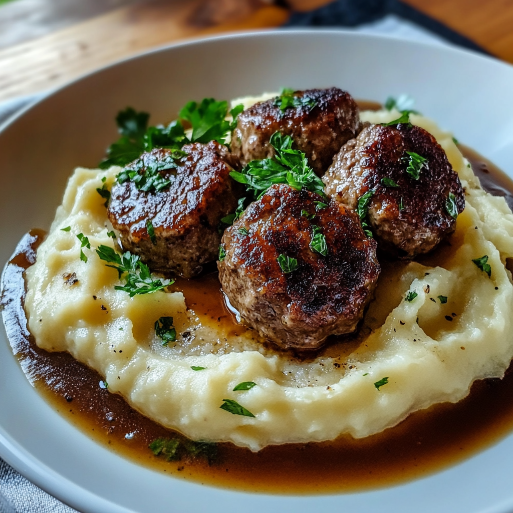 Salisbury Steak Meatballs with Garlic Herb Mashed Potatoes