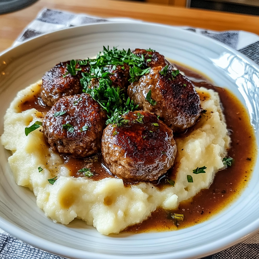 Salisbury Steak Meatballs with Garlic Herb Mashed Potatoes