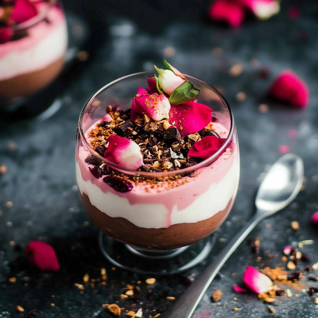 Valentine Rhubarb Rose Dark Chocolate Parfaits